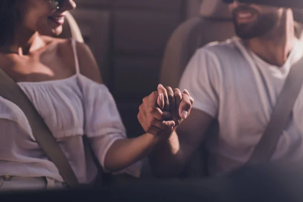 Photo of pretty adorable boyfriend girlfriend dressed casual outfit holding hands arms driving cabriolet outdoors countryside — Foto Stock