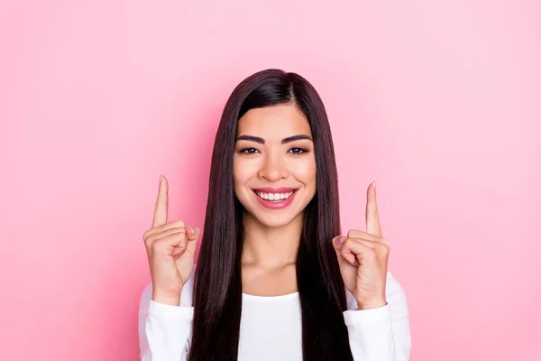 Photo of nice young brunette lady index up wear trend cloth isolated on pink color background — Foto Stock