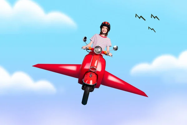 Creative collage of young person drive flying scooter isolated on drawing cloud sky background — стоковое фото