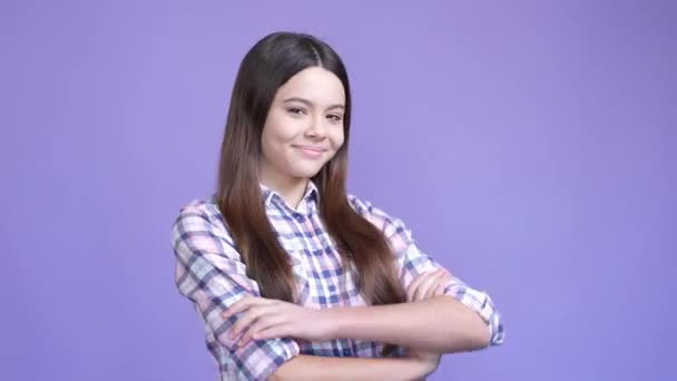 Small little schoolkid point herself win isolated shine color background — Vídeo de stock