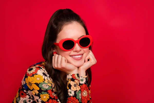 Portrait of luxury chic lady look smile wear 60s old school trend floral clothes isolated shine color background — Stockfoto