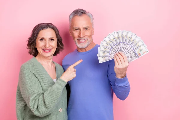 Portrait of two handsome beautiful cheery people demonstrating money earnings isolated over pink pastel color background — Foto Stock