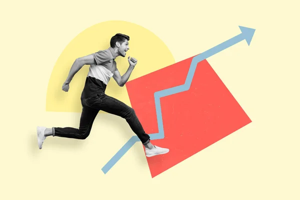 Profile creative collage illustration of running person black white gamma isolated on growth arrow background — Stock Fotó