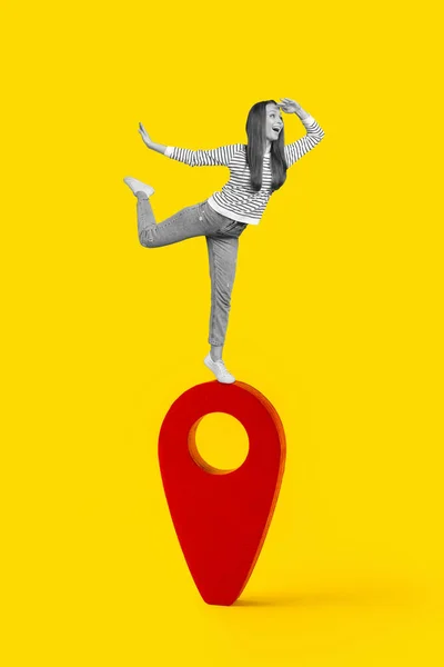 Illustration big location symbol icon sign locator marker place position point element on route graphic road mark with young girl on top isolated — Stock Fotó