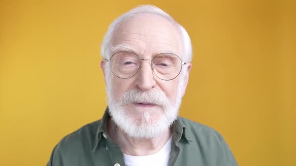 Aged man look in camera with specs isolated shine color background — Vídeo de stock