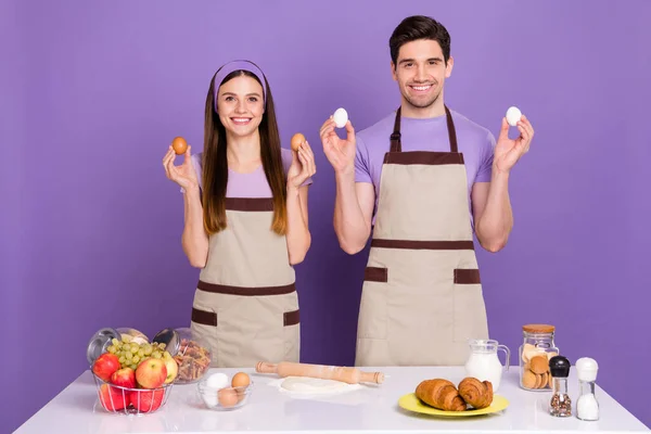Photo of cute cheerful husband wife wear grey aprons backing biscuits holding eggs isolated violet color background — Stockfoto