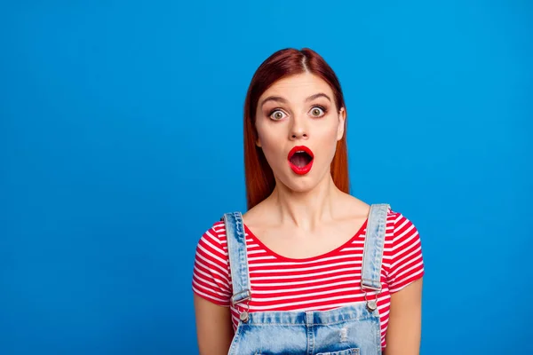 Photo of shocked pretty person open mouth look camera speechless isolated on blue color background — 스톡 사진