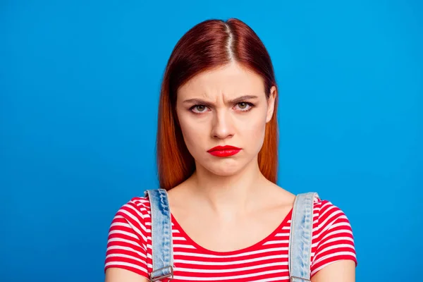 Portrait of unsatisfied young girl sullen face look camera isolated on blue color background — Foto de Stock