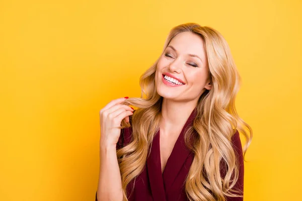 Photo of adorable funny woman wear red outfit laughing closed eyes empty space isolated yellow color background — Φωτογραφία Αρχείου