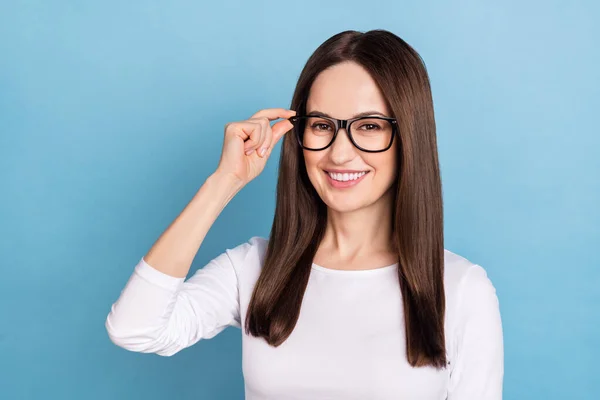 Photo of ceo mature brunette lady wear eyewear white shirt isolated on blue color background — Stock Fotó