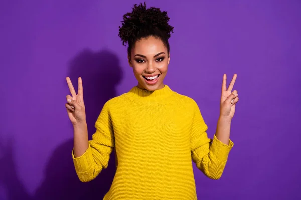 Portrait of positive pretty lady hands demonstrate v-sign greetings symbol isolated on purple color background — Stock Fotó