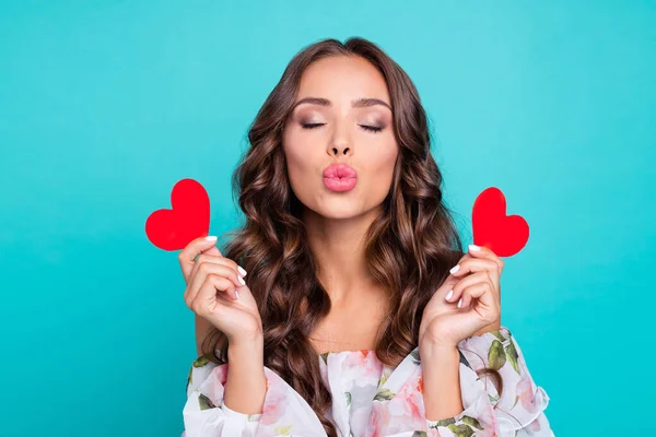 Photo of pretty dreamy lady dressed naked shoulders send kiss rising heart cards isolated teal color background — Stockfoto