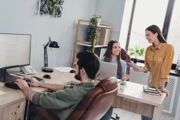 Portrait of intelligent successful people project development staff unity office room indoors