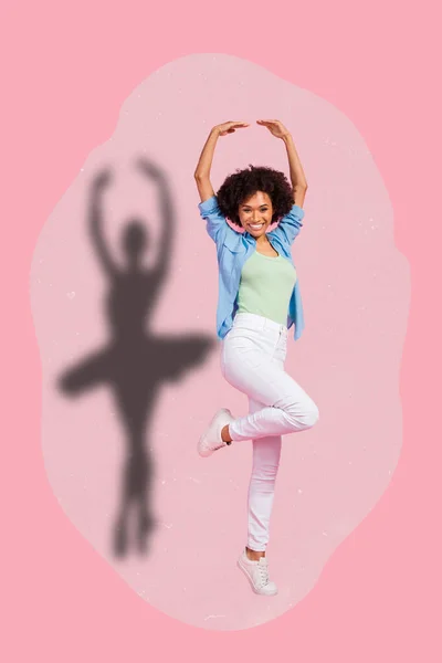 Full body collage photo of lovely female dreaming to become ballerina dancing gracefully isolated on pink color background — Foto Stock