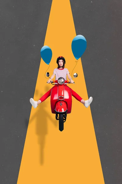 Creative photo artwork collage of young funny funky woman riding moped air balls decorations isolated grey yellow background — 图库照片