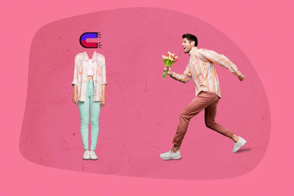 Creative 3d photo artwork graphics collage of young funny guy hurrying date lady magnetism isolated neon pink color background — Stok fotoğraf