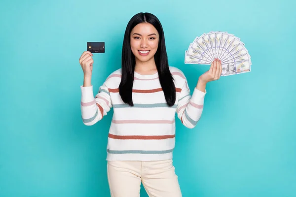 Photo of charming positive lady prefer wireless credit card over money isolated on turquoise color background — Foto Stock