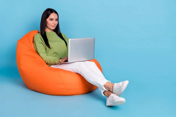 Full length portrait of focused pretty lady sit soft chair use wireless netbook isolated on blue color background — Stok Foto