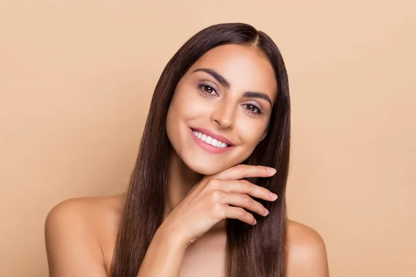 Portrait of brunette hair lady touch hand chin smiling pure fresh gel balm use apply isolated pastel color background — Zdjęcie stockowe