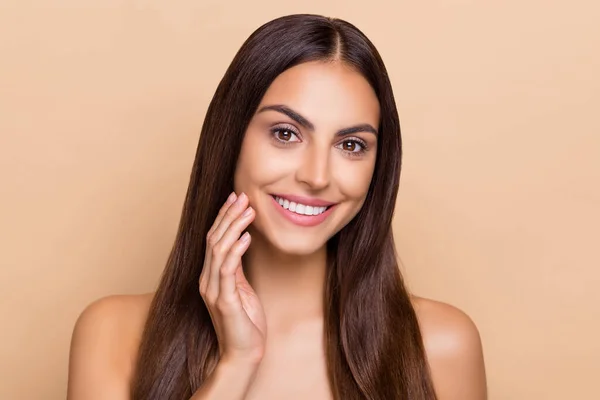 Portrait of joyful charming lady touch fingers cheeks enjoy soft silky wellness lift isolated pastel color background —  Fotos de Stock