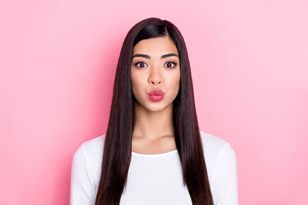 Photo of flirty millennial brunette lady blow kiss wear trend cloth isolated on pink color background — Foto Stock