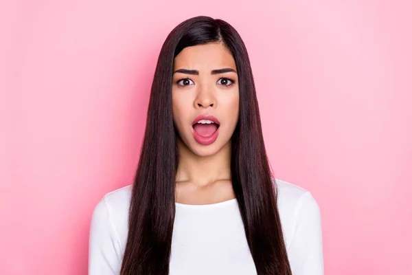 Photo of impressed millennial brunette lady open mouth wear trend cloth isolated on pink color background — 图库照片