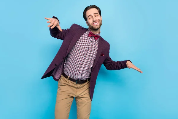 Photo of young man have fun hang-out club festive wear modern outfit isolated over blue color background — 스톡 사진