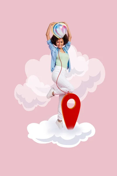 Kreative Kunstwerk Poster von lustigen Dame haben Levitation Reise Luftball Stop roten Zeiger Marke isoliert Farbhintergrund — Stockfoto