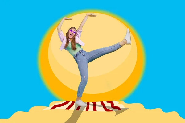 젊은 여성 춤을 추는 열 대 섬 세계 여행의 창조적 인 광고판은 현실적 인 배경을 고립시켰다 — 스톡 사진