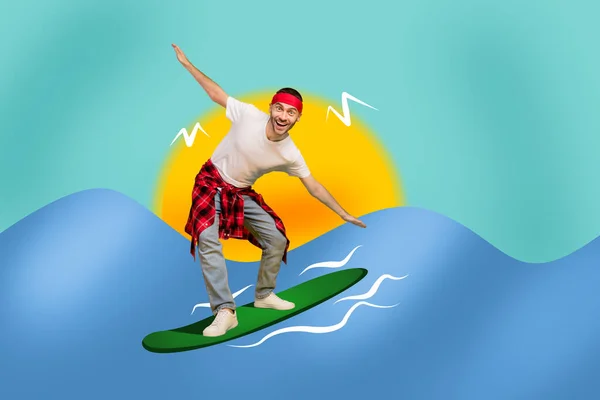 Kreatív művészeti poszter hűvös sportos srác szörfözés nagy óceán hullám kezét félre elszigetelt reális természet háttér — Stock Fotó