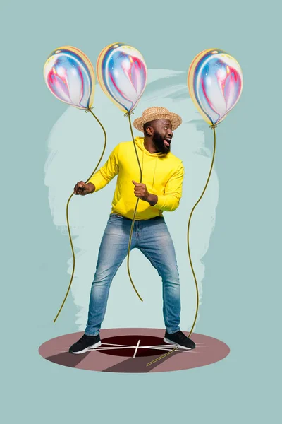 Kreatywny sztandar graficzny szalony człowiek trzymać trzy balony prezent na rocznicę odosobnione tło kolor — Zdjęcie stockowe
