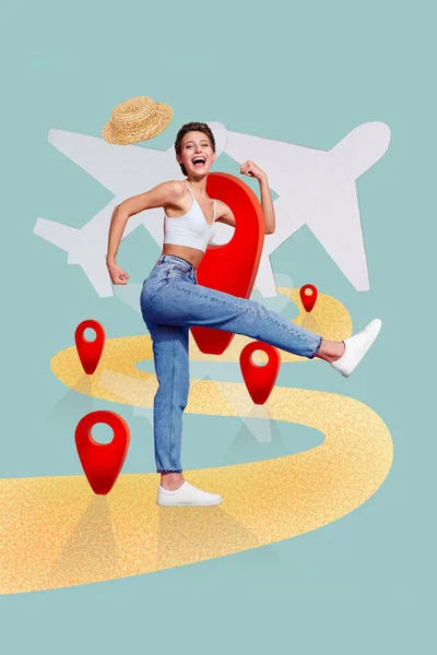 Kreativní umělecký plakát bláznivé dívky stojí cesta červená šipka značky cestování letadlo koncept izolované barvy pozadí — Stock fotografie