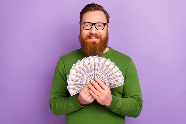 Photo of happy kind ginger man win in lottery become wealthy millionaire isolated on violet color background — Stock Photo, Image