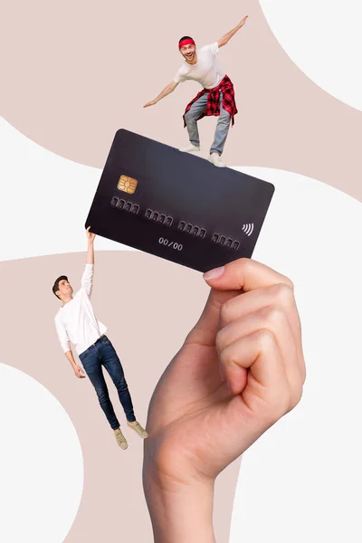 Fényképezés artwork minimal collage of funky funny two guys standing big huge credit card holding arm isolated white bézs szín háttér — Stock Fotó