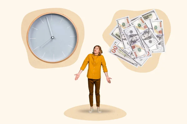 3d retrò astratto creativo grafica modello collage di dubbia uomo scegliendo soldi o tempo isolato colore beige sfondo — Foto Stock