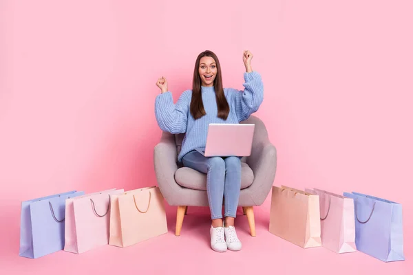 Full size photo of young lady sit lounger use laptop fsts hands celebrate success shop isolated over pink color background — стоковое фото