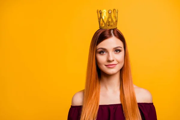 Photo of cute adorable woman wear red outfit golden crown empty space isolated yellow color background — Stock Photo, Image