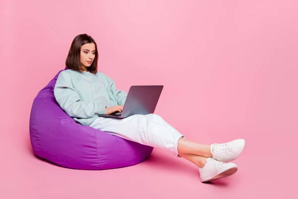 Foto profil ukuran penuh dari gaya rambut bob ketat wanita milenial duduk tipe laptop memakai sepatu celana hoodie terisolasi di latar belakang merah muda — Stok Foto