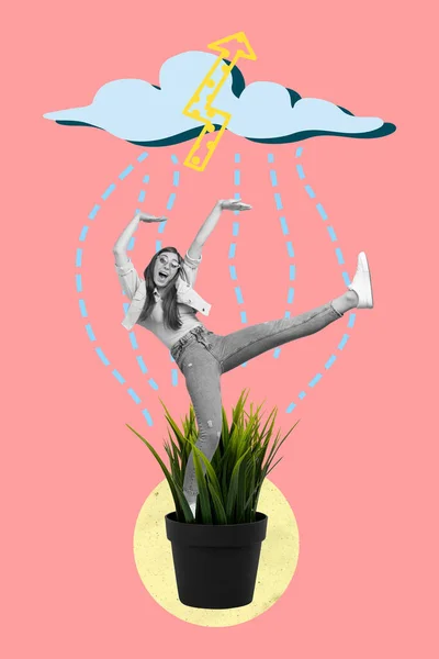 Ilustración collage creativo de loco pie planta de crecimiento bajo la nube de lluvia aislado sobre fondo de color rosa dibujo — Foto de Stock