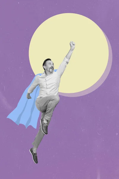 3d retro elvont kreatív artwork sablon kollázs céltudatos kor superman repülő hold elszigetelt ibolya lila szín háttér — Stock Fotó