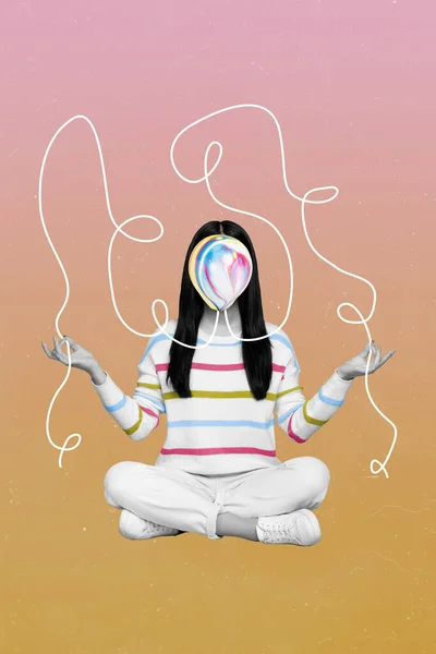 Creativo retro revista collage de chica colorido globo en lugar de cabeza practicando yoga enredado hilo aislado rosa color fondo —  Fotos de Stock