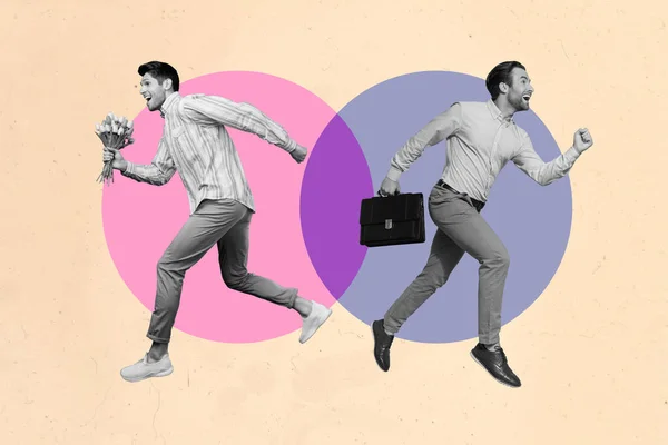 Collage illustration of two man black white gamma running different sides priority girlfriend work — Stock Photo, Image