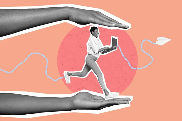 Композитная картина бегущего человека огромные руки защищают равенство бизнес-гендера изолированы на фоне рисования — стоковое фото