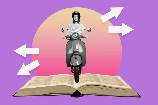 Potret komposit dari orang positif white gamma drive moped buku terbuka konsep perjalanan studi langsung — Stok Foto
