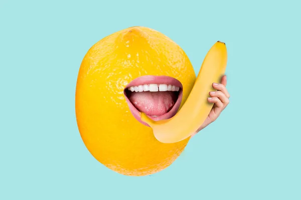 Kreativní koláž citrónové hlavy zubatý úsměv ústa držet banán telefon mluvit izolované na jasném pozadí — Stock fotografie