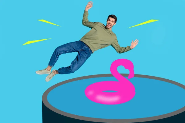 3D творческий абстрактный шаблон фото графика коллаж смешной парень расслабляющий отдых бассейн изолированный синий цвет фона — стоковое фото