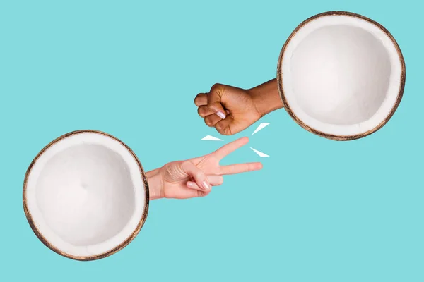 Criativa 3d foto arte gráfica colagem de duas palmas jogando jogo crescendo a partir de cocoses isolado teal turquesa cor de fundo — Fotografia de Stock