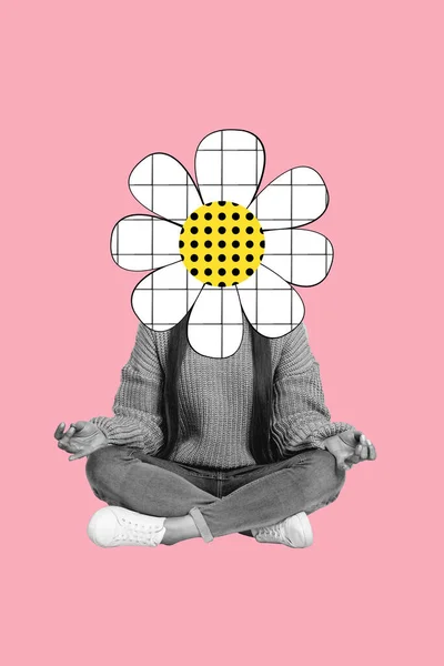 Vertikal sammansatt collage av mediterande person svart vitt filter korsade ben blomma i stället huvudet isolerat på rosa färg bakgrund — Stockfoto