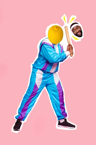 Vertikal kreativ illustration av person hålla baseball bat citron istället huvudet isolerat på rosa färg bakgrund — Stockfoto