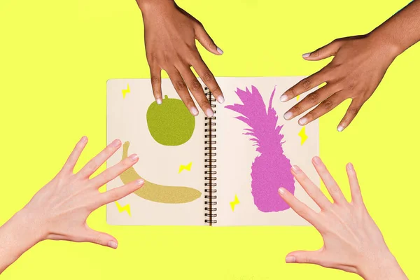 Collage bild av fyra svarta vita människor palmer välja frukt bilder rita copybook isolerad neon gul färg bakgrund — Stockfoto